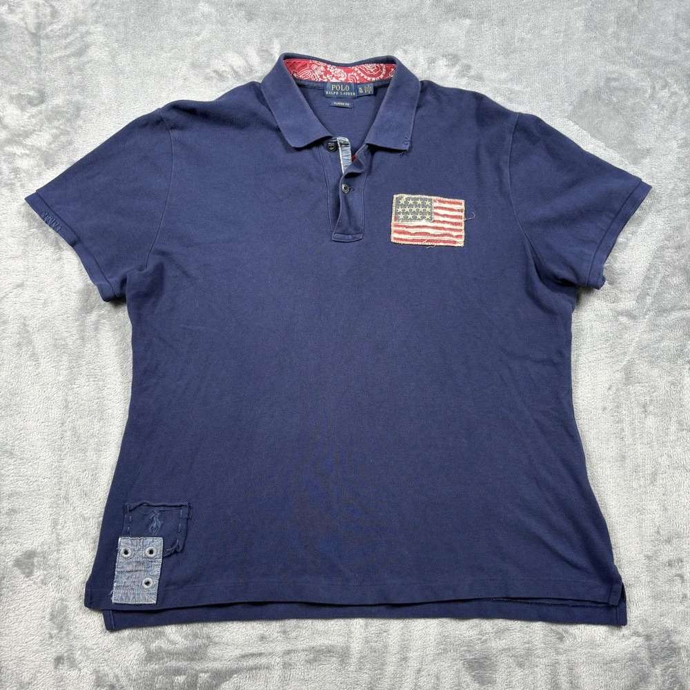 Polo Ralph Lauren USA Flag Patch Polo Shirt Women's XL Blue Classic Fit Big Logo